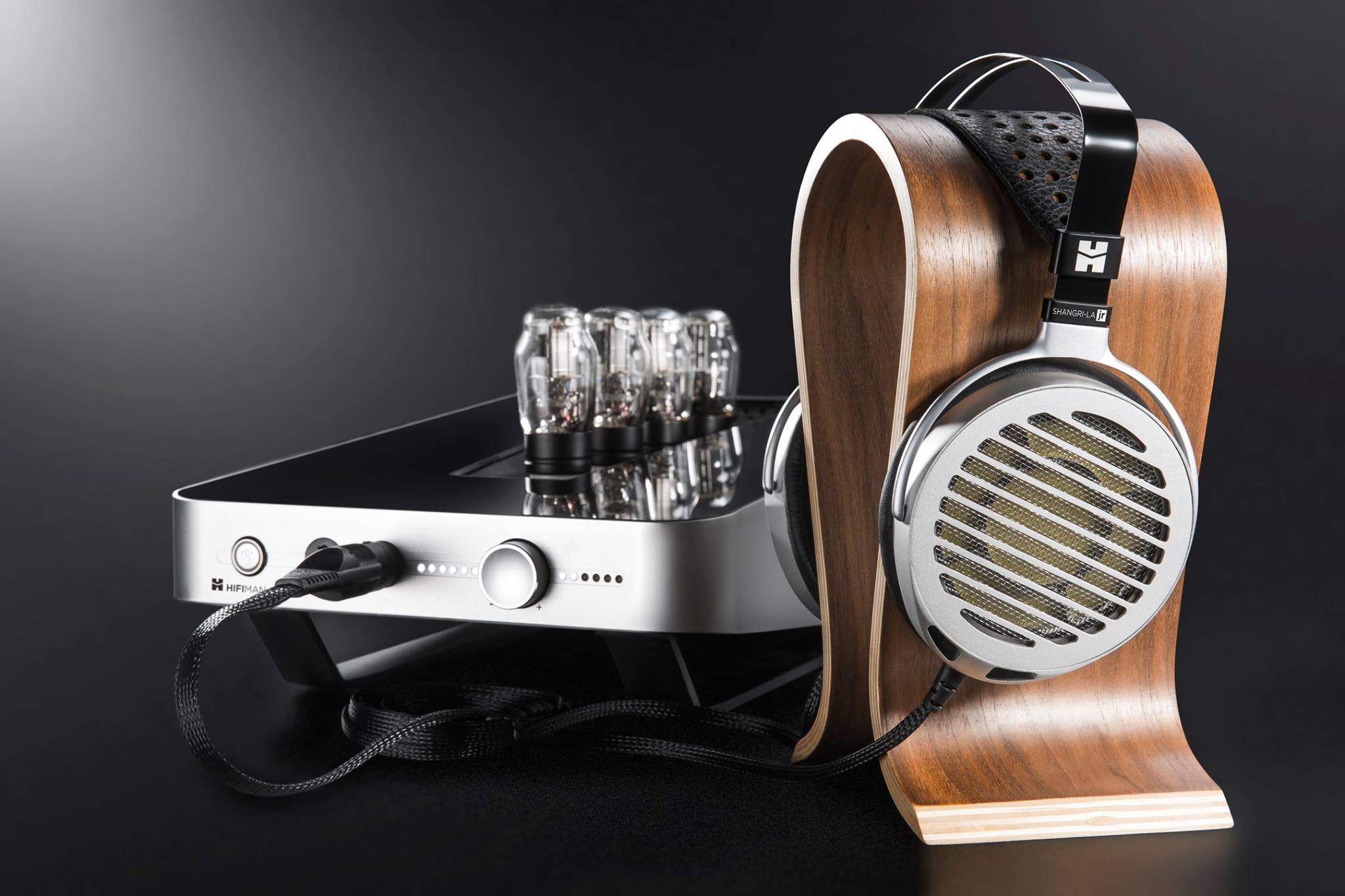 HiFiMan SHANGRI-LA jr electrostatic headphones and tube amplifiers and headphone stand